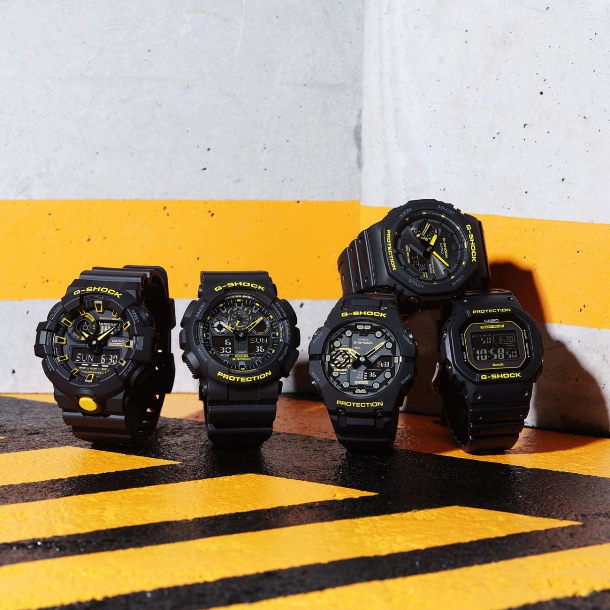 G SHOCK DUO CAUTION BLK&YLW W/TIME, ALARM, 200M WR, BLK RESIN BAND