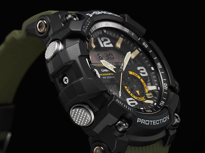 G SHOCK MUDMASTER TWIN SENSOR MUD RESIST, 200M W/R, THERMO, RESIN STRAP, BLACK/GREEN