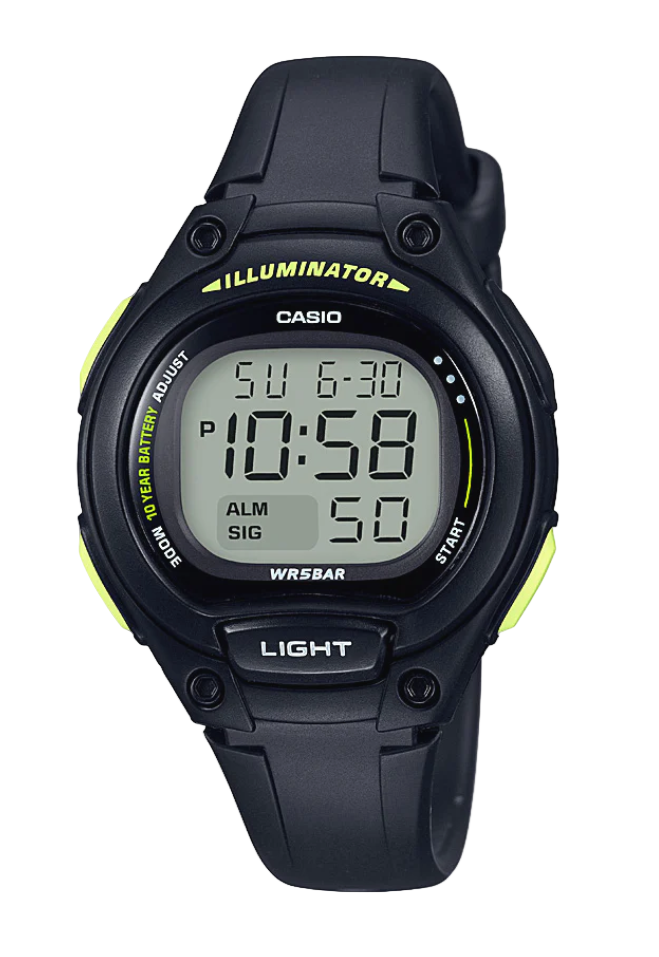 CAS DIGITAL WATCH 10YR BATTERY, LED BACKLIGHT, 50M WR, BLACK/GREEN