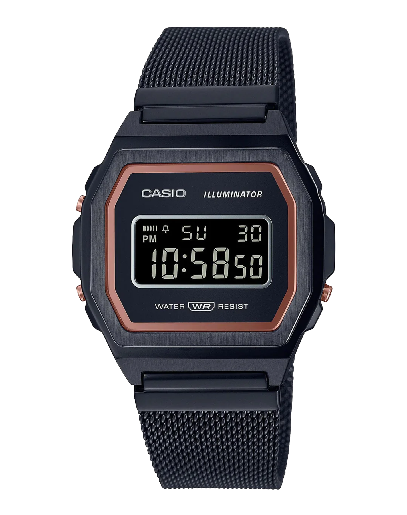 CASIO VINTAGE PREMIUM ALARM, S/WATCH, WR BLK W/ RED ACCENT - S/STEEL