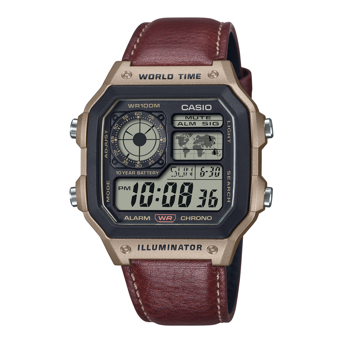 Casio AE1200WHL-5A World Time Watch, Brown Leather Band