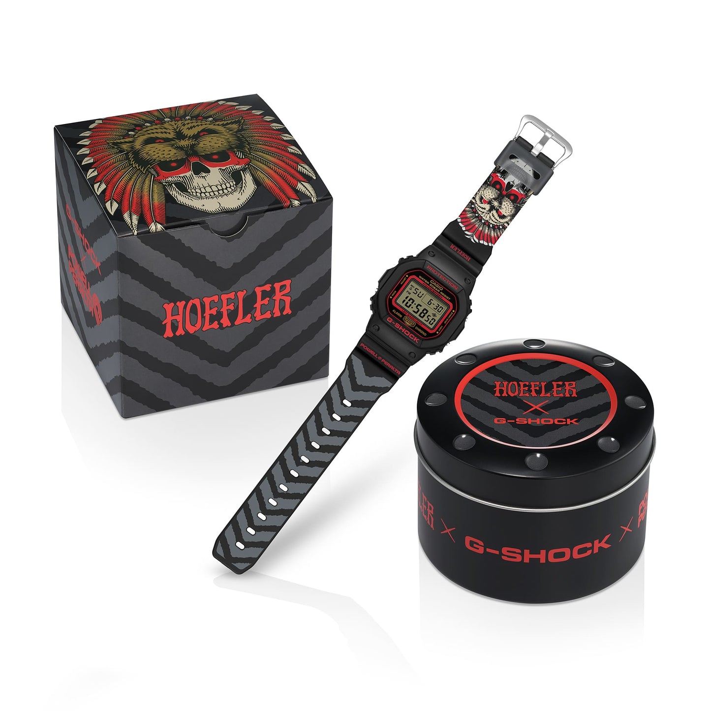 G SHOCK DIGITAL POWELL PERALTA X KELVIN S/W, ALARM, 200M WR, BLACK W/ RED FACE, RESIN BAND