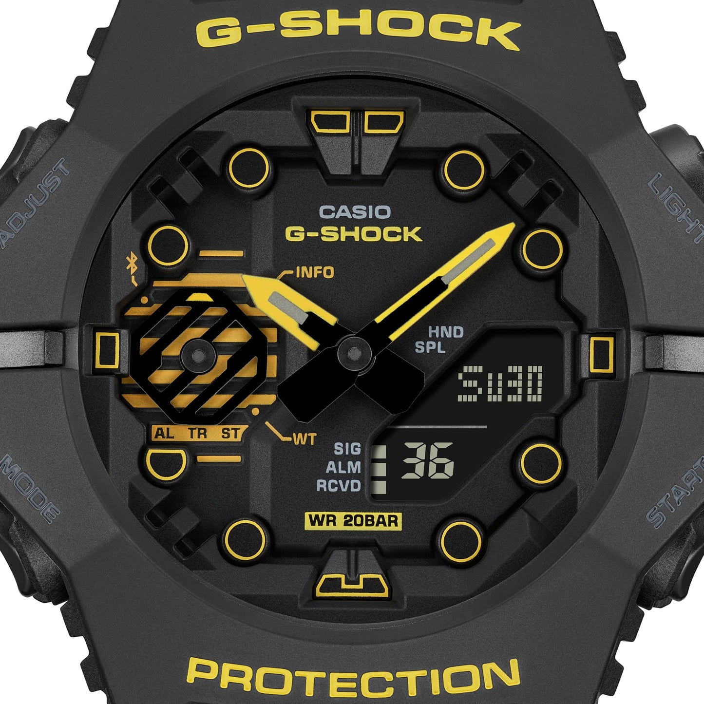 G SHOCK DUO CAUTION BLK&YLW, ALARM, 200M WR, BLK W/ YLW ACC, BLK RESIN BAND
