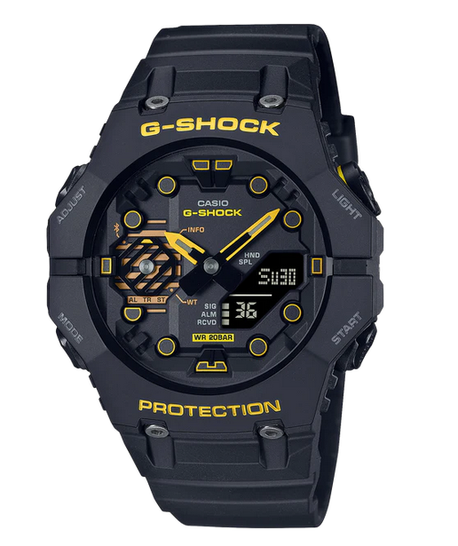 G SHOCK DUO CAUTION BLK&YLW, ALARM, 200M WR, BLK W/ YLW ACC, BLK RESIN BAND