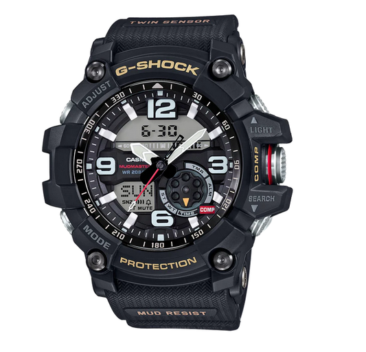G SHOCK MUDMASTER TWIN SENSOR MUD RESIST, 200M W/R, THERMO, RESIN STRAP, BLACK