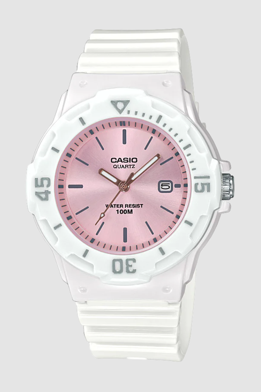 CASIO ANALOGUE LRW200H-4E3 DATE DISPLAY PINK FACE, WHITE