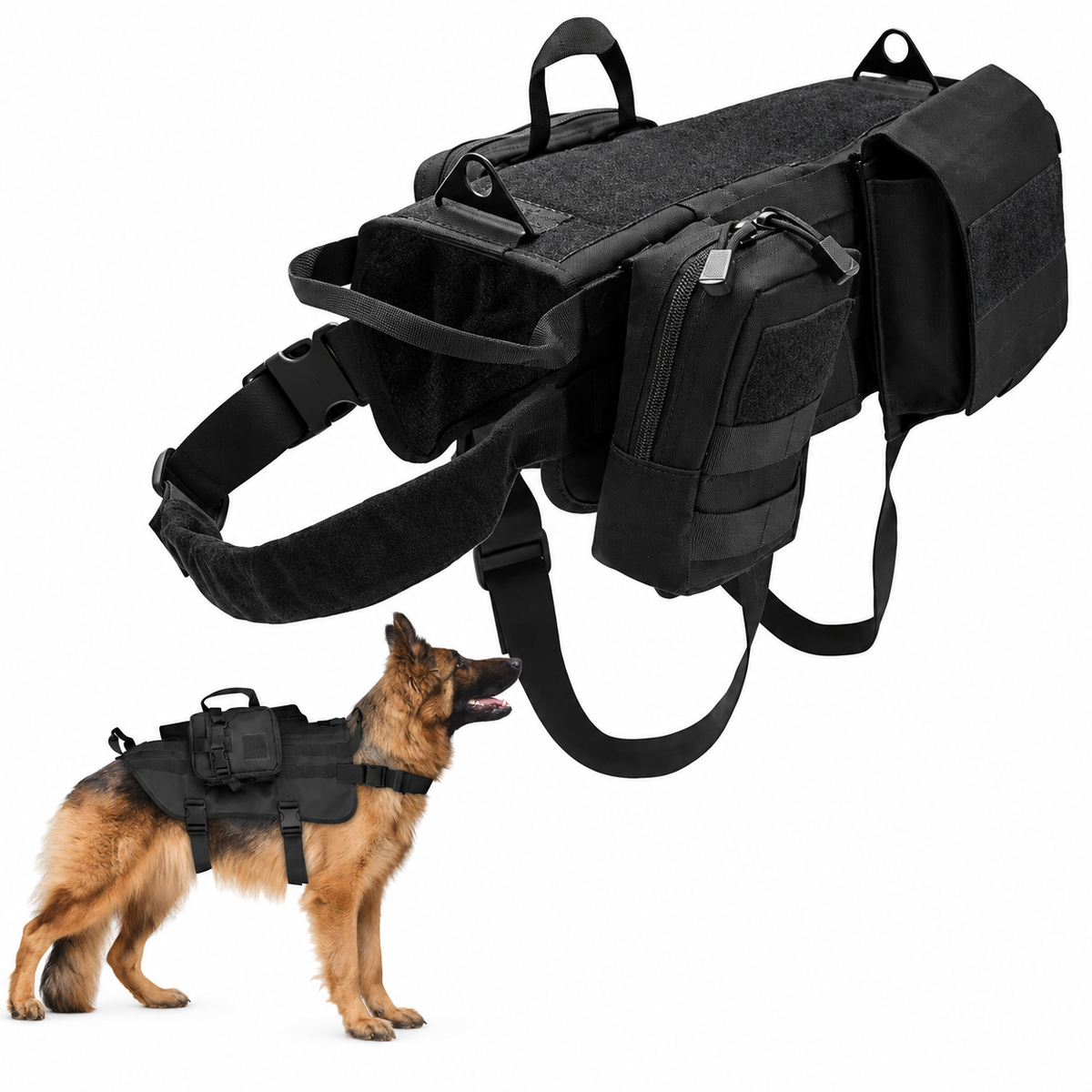 K9 Service Large Dog Molle Tactical Vest With Pouches - Black